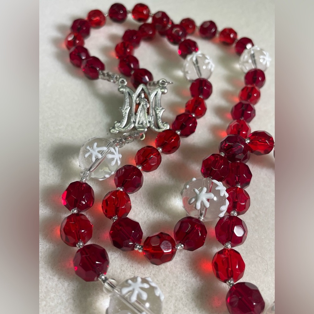 Ruby Red & Crystal Snowflake Heirloom Handcrafted One Of A Kind Rosary w/Silver